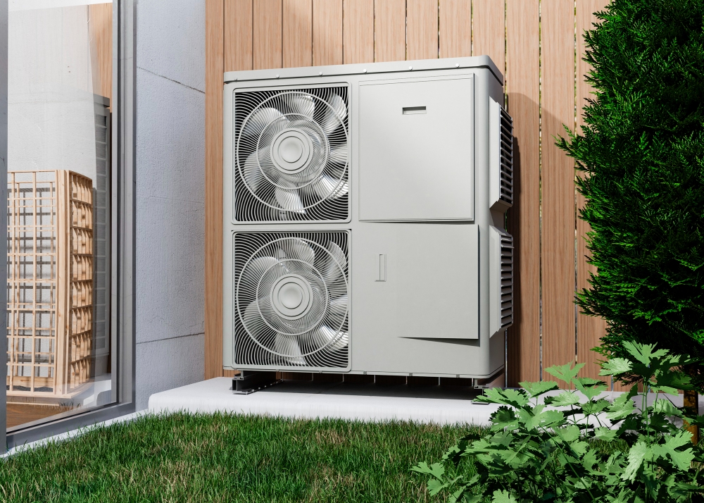 Double pompe à chaleur air/eau installée dans un jardin