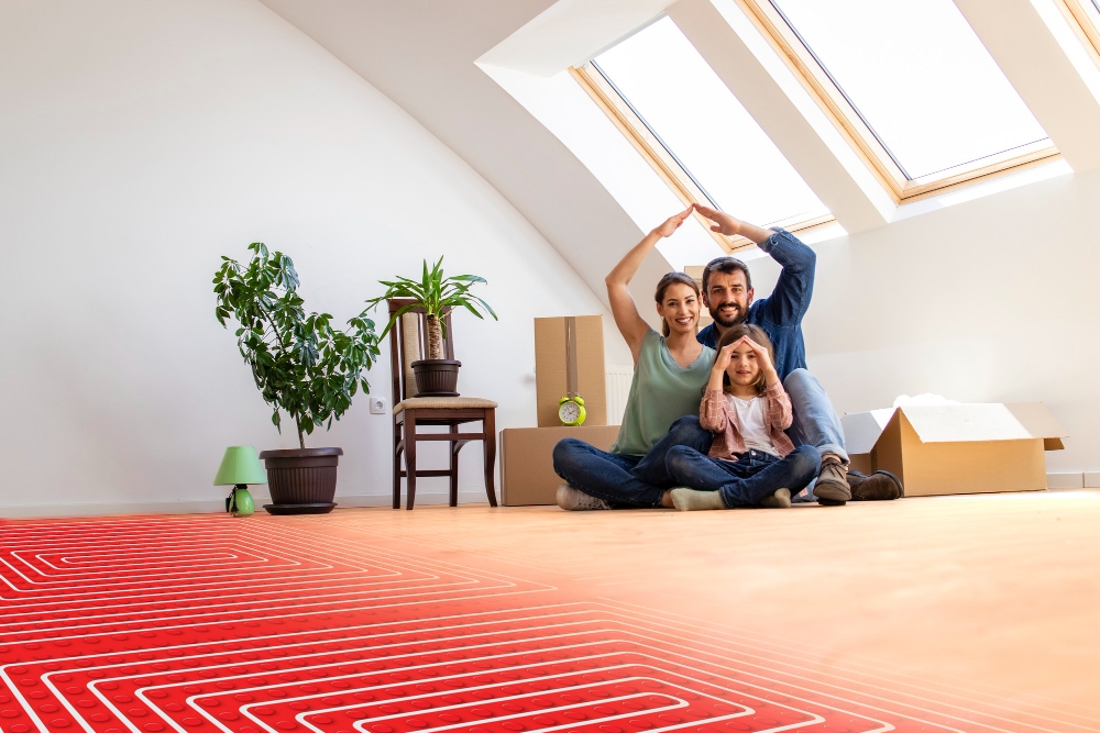 Une famille profite de son chauffage au sol