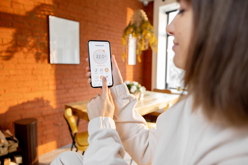 Une personne règle son thermostat de chaudière via son smartphone