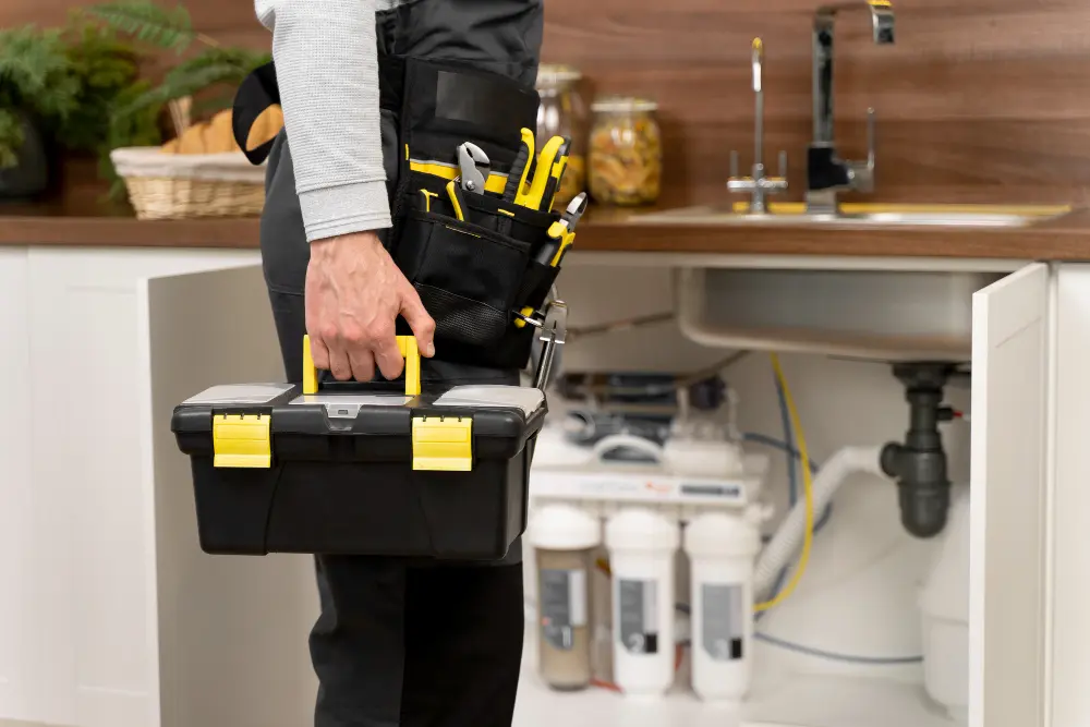 Entretien plomberie locataire ou propriétaire : un plombier qui intervient sur un siphon